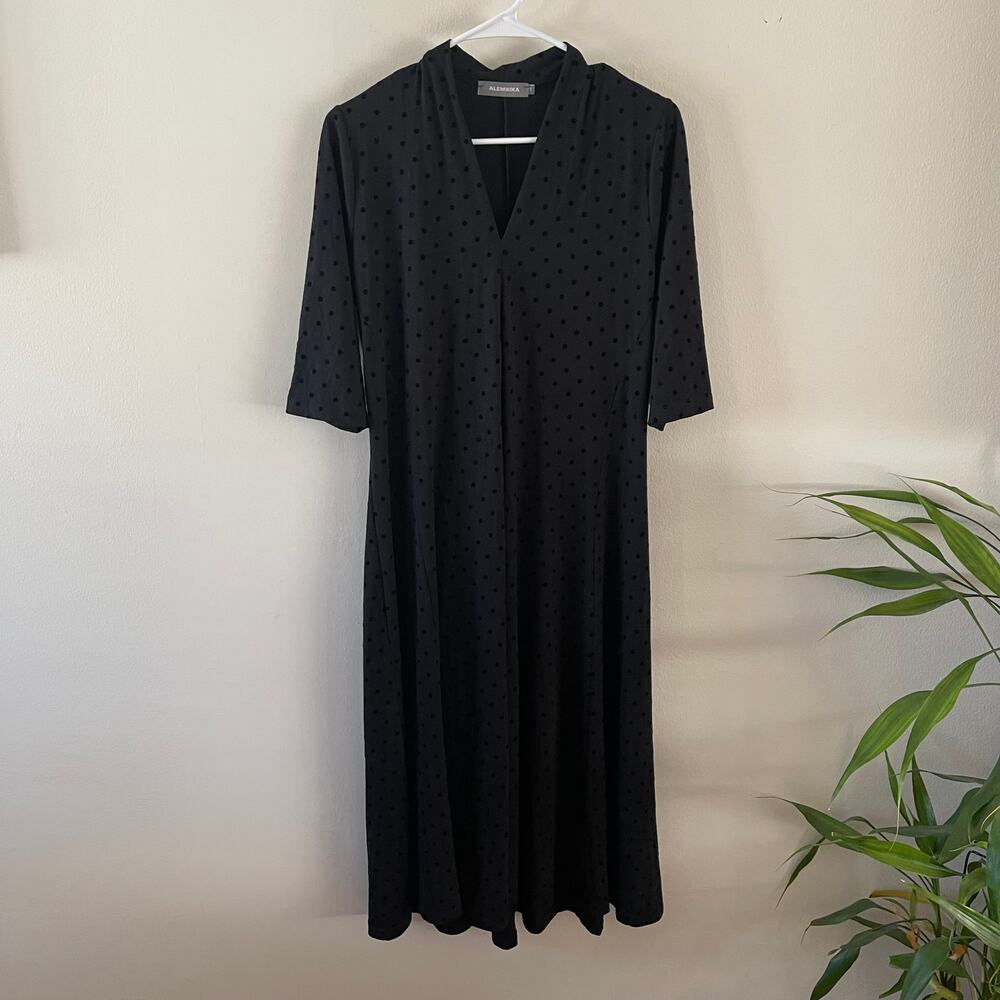 Alembika Dress Black Velvet Polka Dot V-Neck A-Line Midi Lagenlook Artsy